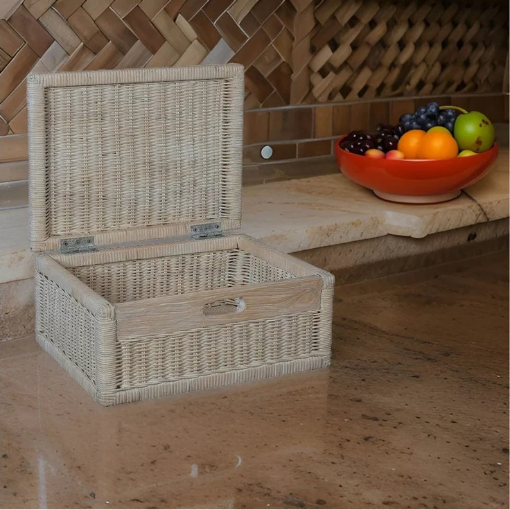 Krines Home Aufbewahrungskorb Flacher Korb mit Deckel Rattan geflochten Regalkorb Aufbewahrungsbox – Bild 3