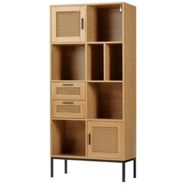 kamelshopping Standregal Wohnregal in Rattan-Optik mit 2 Türen, 2 Schubladen und 6 Fächer, Wohnzimmer-Regal aus Metall / MDF-Holz, stehend, 75 x 167,5 x 35 cm – Bild 6