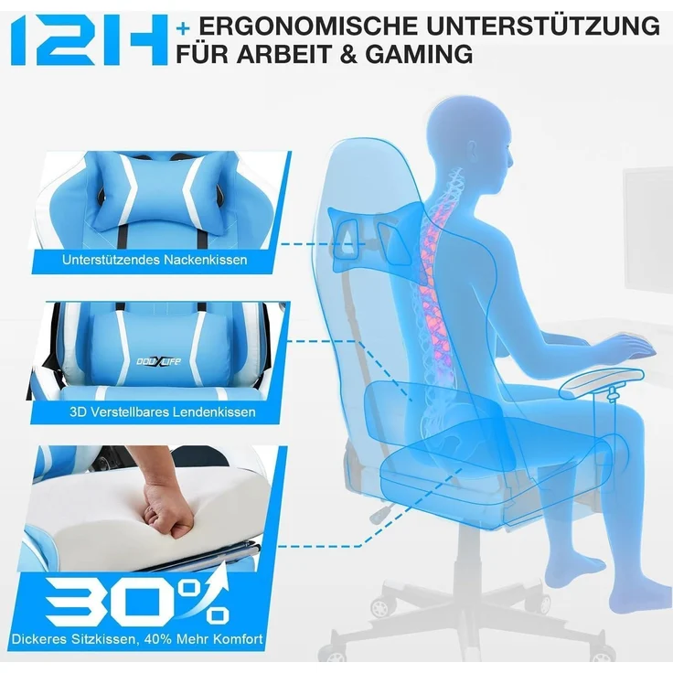 Gaming Stuhl mit 7 Punkt Massage Fußstütze Ergonomischer Bürostuhl Blau – Bild 5