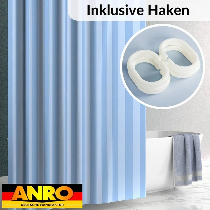 ANRO Duschvorhang aus Italien hochwertiger Badevorhang Textil mit Ösen und Haken Breite 120 cm (Packung, 1-tlg, Duschvorhang inkl. Aufhängeringe), robuster Vorhang Stangenaufhängung in Größe 200x120cm in blau – Bild 2