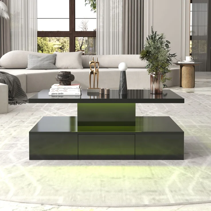 Merax Couchtisch, Tisch mit Schubladen, Hochglanzlackierung, Beistelltisch mit zwei Ablageebenen. Mit LED-Licht, Schwarz – Bild 5