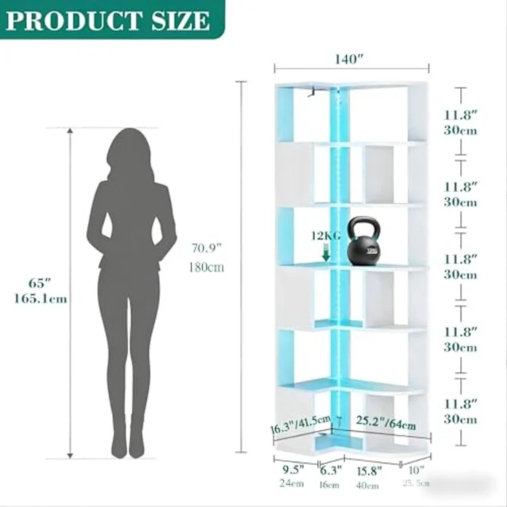 YITAHOME eckregal weiß mit Beleuchtung, 7 Etagen bücherregal, L-förmiges eckregal stehend, Corner Shelf, led Regal für Büro, Arbeitszimmer, Wohnzimmer, Schlafzimmer, L64 × W41.5 × H180 cm – Bild 2