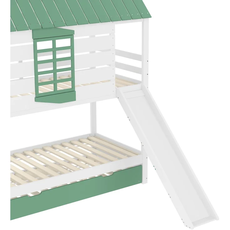 Etagenbett mit 2 Liegeflächen, Gästebett, Lattenrost, Dach, Rausfallschutz, Rutsche, 90x200cm, Kinderbett, Hausbett, Kiefer – Bild 8