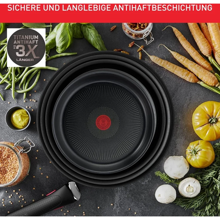 Tefal Topf-Set Ingenio Ultimate, Topf und Pfannenset abnehmbarer Griff, stapelbar, Aluminium (Set, 10-tlg, Kasserolle 16/20cm, Schmorpfanne 24cm, Pfanne 24/28cm, Deckel, Griffe), platzsparend, Pfannenset Induktion mit Antihaftversiegelung, L76491 – Bild 4