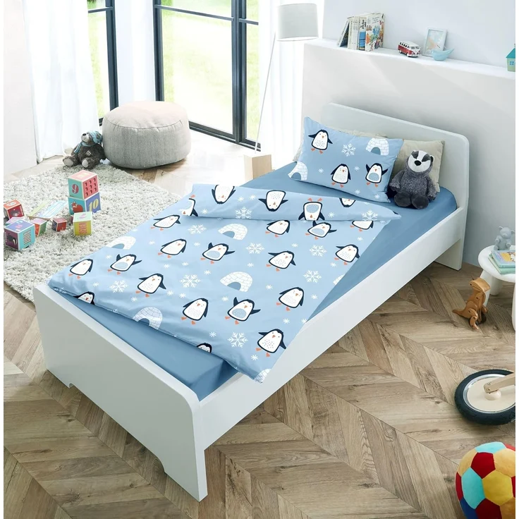 JACK Babybettwäsche 100x135cm Pinguin Iglu Nordpol Blau, Biber, 2 teilig, süßes Kindermotiv mit Pinguinen, mit Reißverschluss – Bild 2