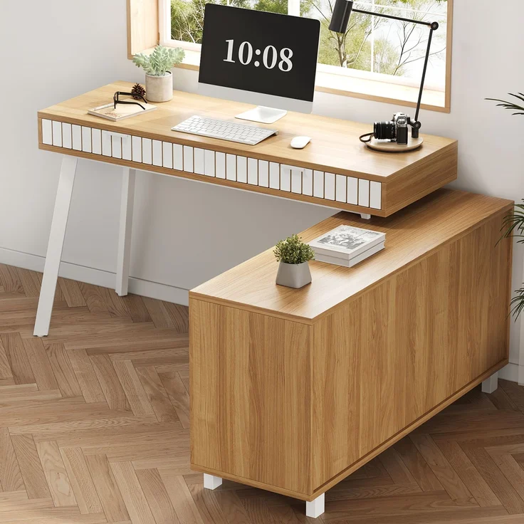 Flieks Schreibtisch, L-förmiger 160×120×76.5 cm, Eckschreibtisch mit 2 Schubladen & Schrank, MDF Bürotisch mit Stahlbeinen, Naturfarbe & Weiß – Bild 2