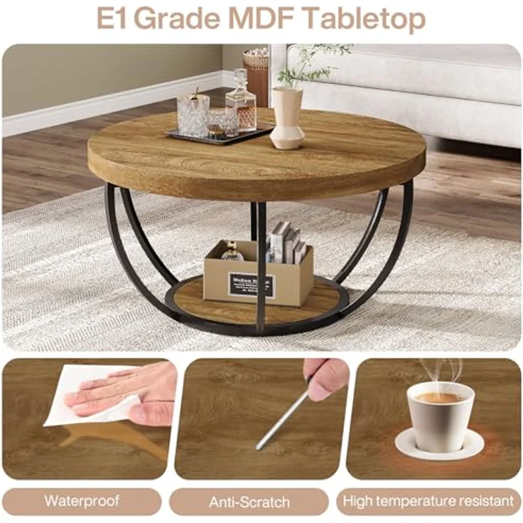 LITTLE TREE Runder Couchtisch, 81,3 cm, runder Couchtisch für Wohnzimmer, 2-stöckiger Holzakzent-Mitteltisch mit offenem Stauraum, Industrie-Design, Wohnmöbel, Hellbraun – Bild 3