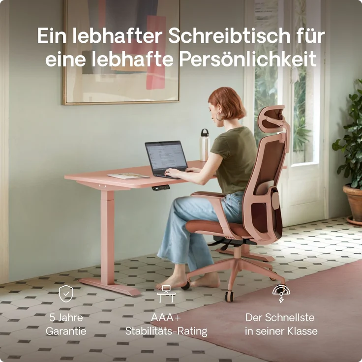 Desktronic HomeOne Elektrisch höhenverstellbarer Schreibtisch 120x60cm Schwarz/Rosa mit Memory-Funktion, Anti-Kollisions Technologie, USB-A und USB-C-Ladeanschlüssen – Bild 2