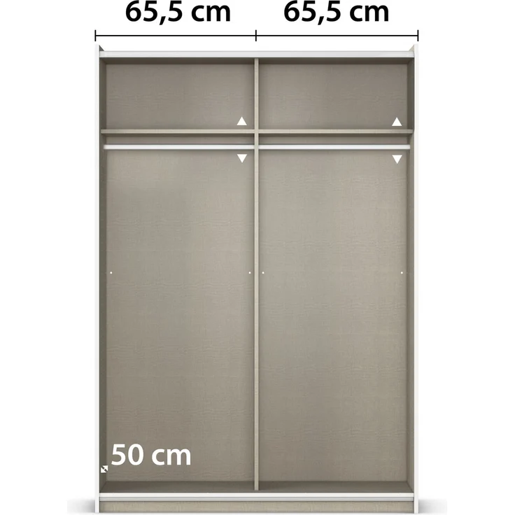 rauch Kleiderschrank Sejo, Schwebetürenschrank, Schiebetürenschrank, 2-türig, mit 2 Kleiderstangen und 2 Einlegeböden, Farbe Weiß, Griffleiste Alu, klein, platzsparend, 131x191x59cm – Bild 6