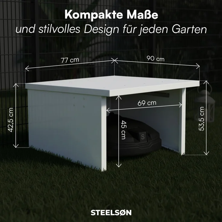 STEELSØN 'Drakon' Mähroboter Garage, Metall, silber, wetterfest, 53/42x77x90 cm, Mähroboterhaus mit aufklappbarem Pultdach – Bild 7