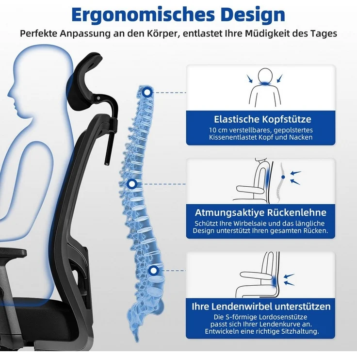 Hiazurm Bürostuhl Bürostuhl, Ergonomischer Schreibtischstuhl, Drehstuhl, Chefsessel (Verstellbare Armlehne,leise Rolle,Bis 155 kg belastbar, Atmungsaktiv,Sitzhöhe Einstellung,Wippfunktion 90°-135), Mit Lendenkissen, Schwarz – Bild 2