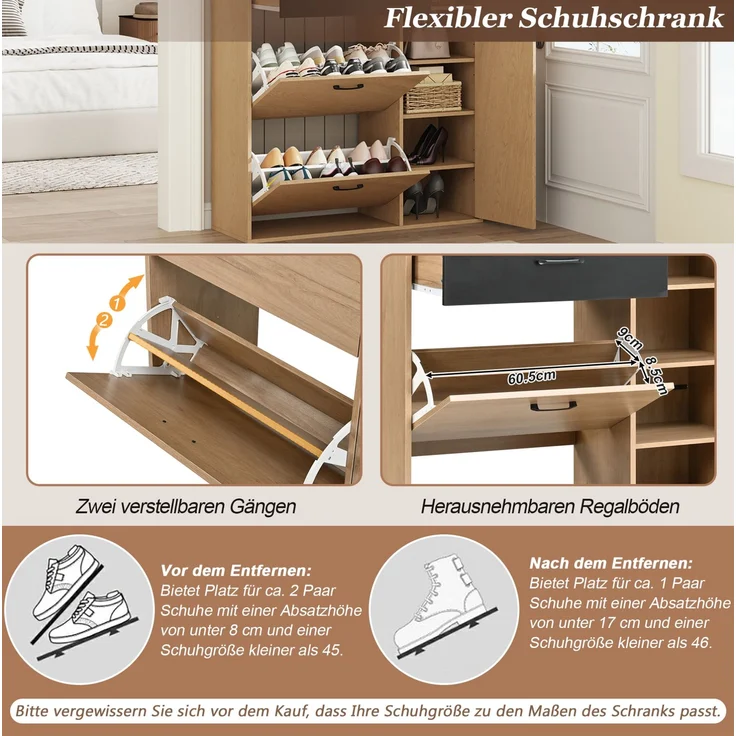 DESVIAE Garderobenschrank Schuhschrank Naturholz/Schwarz aus MDF/Spanplatte – 100x106x35 cm – 2 Schuhklappen – Bild 4