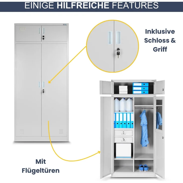 Mehrzweckschrank Metall mit Erweiterung GINA - 185 x 90 x 50 cm Grau | Büroschrank Spind Stahlschrank Archivschrank Aktenschrank Metallschrank – Bild 5
