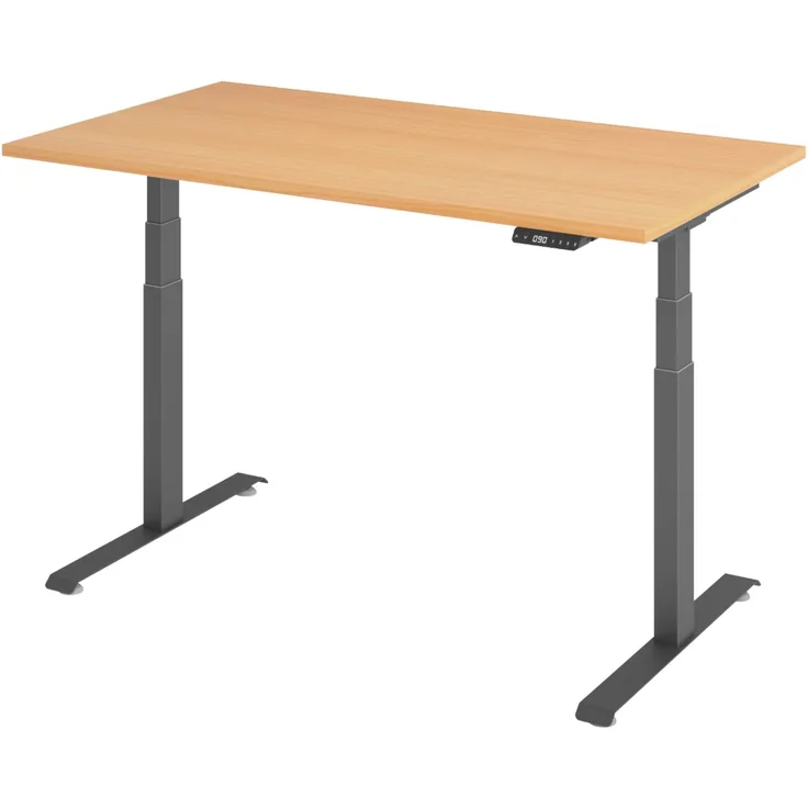 bümö höhenverstellbarer Schreibtisch 140 x 80 cm in Buche, Gestell: graphit - Stehschreibtisch mit 3-fach Speicher elektrisch höhenverstellbar, Computertisch, Ergonomischer Bürotisch, LXK65-14-6-G