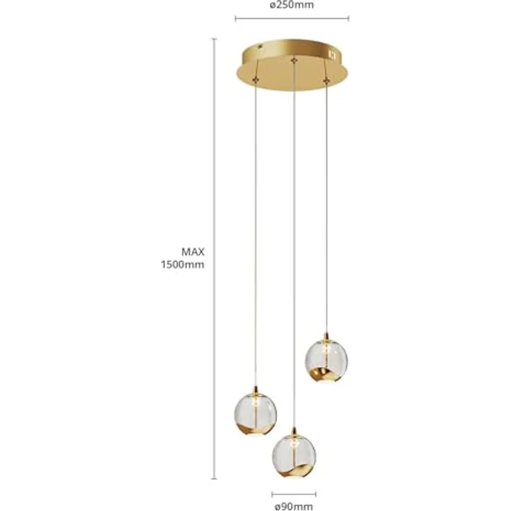Lucande LED-Pendellampe Hayley, Ø 25 cm, 3-flg., gold, Blasenglas, für Esstisch – Bild 7