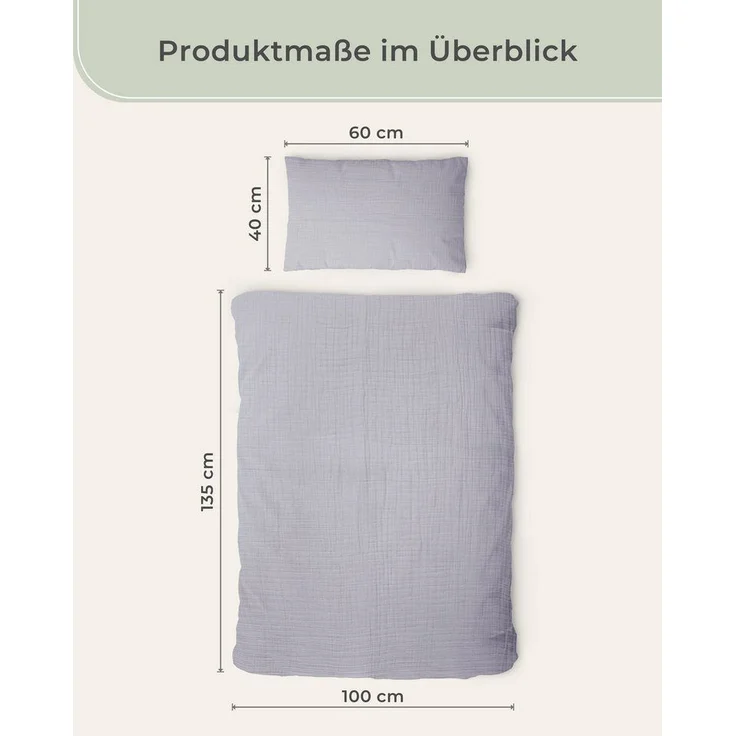 Laynenburg Kinderbettwäsche Musselin 2 teilig aus 100% Baumwolle in 100x135 cm + 40x60 cm, atmungsaktiv & bügelfrei – 3 lagig mit Reißverschluss & Haltebändern – Bild 2