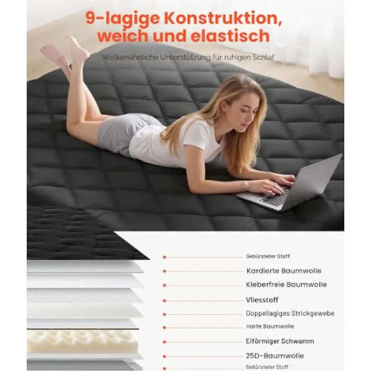 VEVOR japanische Futon-Matratze (2032 x 1524 x 89 mm), Faltbare Tatami (Queen Size), Bodenmatratze mit Aufbewahrungstasche & Befestigungsmaterial, 9-lagige Schlafmatte für Meditation Yoga, Schwarz – Bild 3