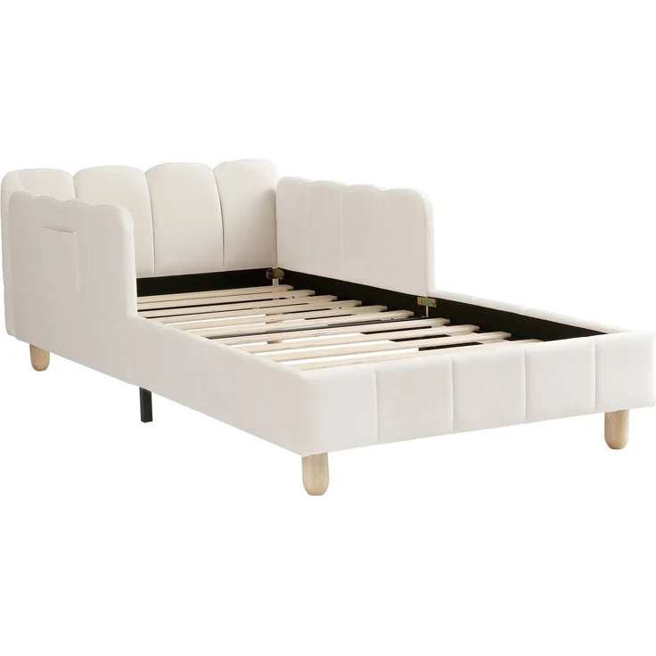 Merax Polsterbett, Einzelbett, Kinderbett 90x200 cm, Bett mit und gepolstertes Kopfteil und Rausfallschutz, Bettbeine aus Massivholz, Samt, beige – Bild 9