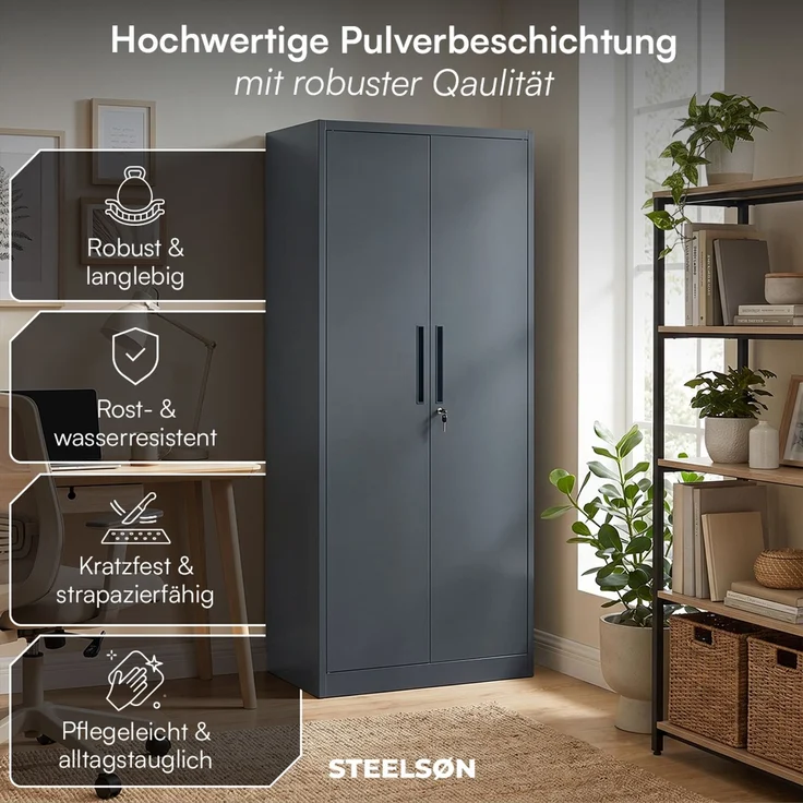 STEELSØN 'Regulus' Aktenschrank, Metall, anthrazit, 175x40x80 cm, abschließbar, Metallschrank mit 5 Fächern, geeignet als Werkzeugschrank – Bild 2