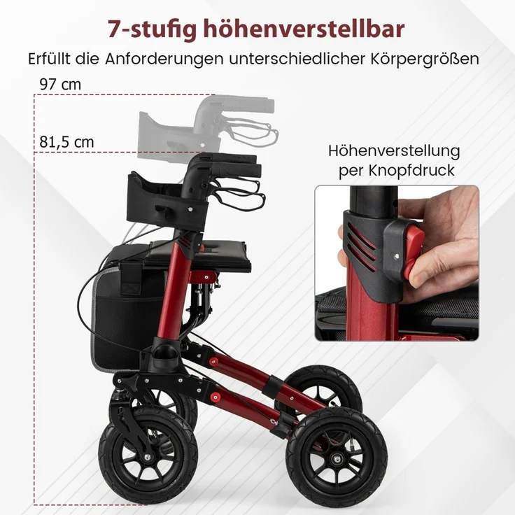 Rollator mit Luftbereifung faltbar und leicht mit Sitz Aluminium bis 140 kg 2 in 1 Rollstuhl Rot – Bild 4