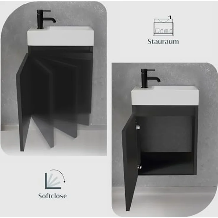 Alpenberger Badmöbel-Set Gäste WC Waschbecken mit Unterschrank - Badschrank Hängend, (2-tlg. Waschtisch Set Schwarz, Waschbeckenunterschrank mit Softclose), Waschplätze für Kleine Bäder - Badschrank Hängend und Vormontiert – Bild 5