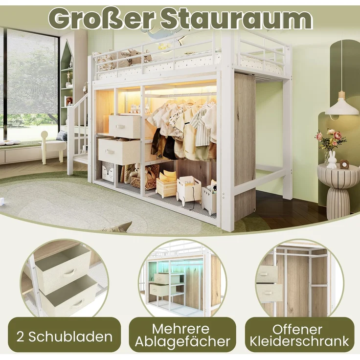 Halbhochbett 90×200 cm mit LED, 2 Schubladen und offenem Kleiderbereich, Weiß, ohne Matratze – Bild 9