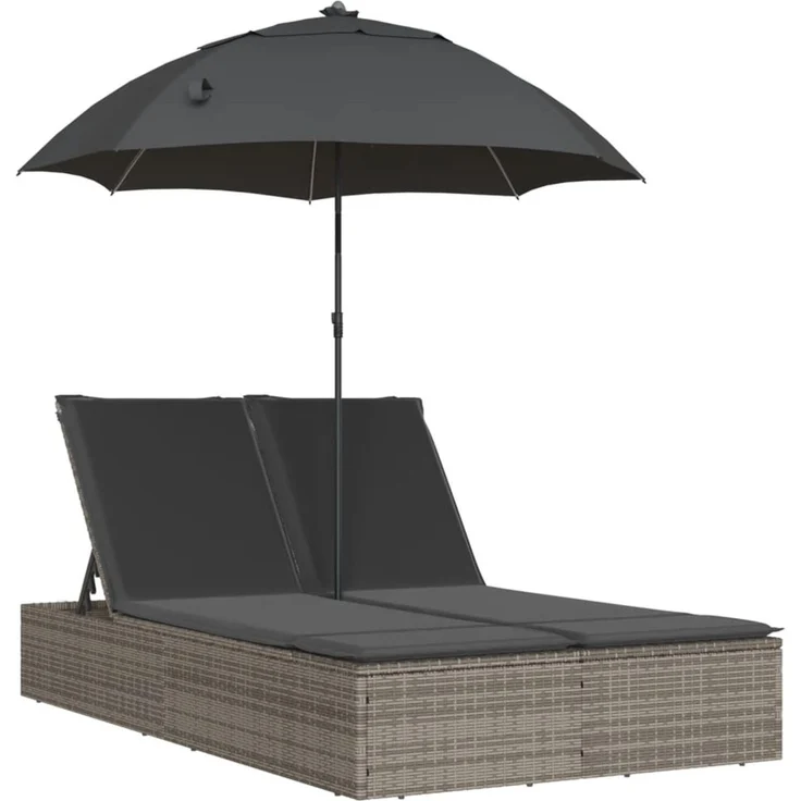 Doppel-Sonnenliege, Gartenliege mit Kissen & Sonnenschirm Grau Poly Rattan – Bild 2