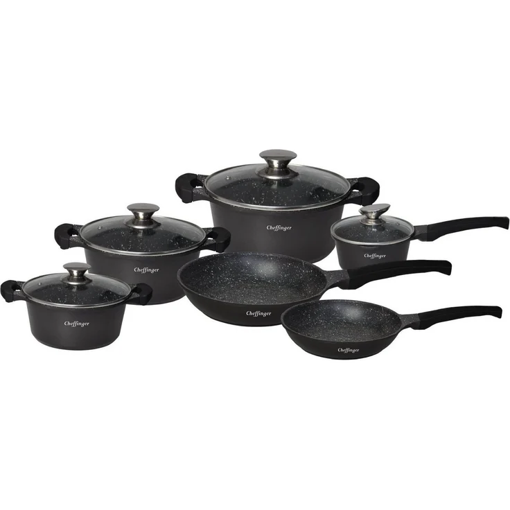 Kochtopf Topf Pfannen Set Kochgeschirr 10-tlg Alu-Guss Cheffinger schwarz DB1010 – Bild 1