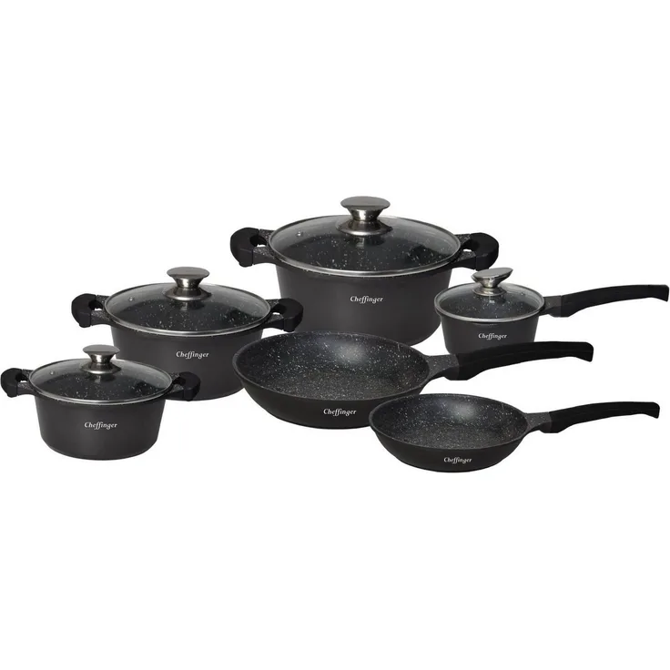 Kochtopf Topf Pfannen Set Kochgeschirr 10-tlg Alu-Guss Cheffinger schwarz DB1010