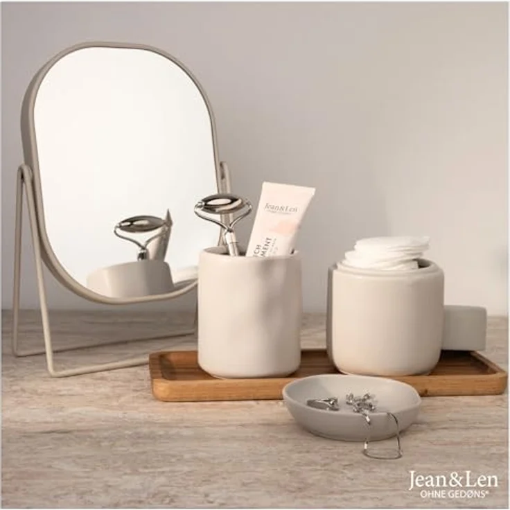 Jean & Len Kosmetikspiegel beige, zweiseitig mit 3-facher Vergrößerung, 20 x 27 cm, robust und kratzfest – Bild 2