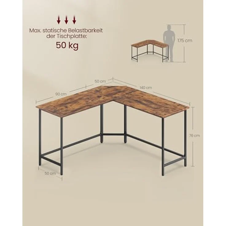 VASAGLE Schreibtisch, L-förmiger Computertisch, 140 x 140 x 76 cm, Eckschreibtisch, platzsparender Bürotisch, Gaming, Homeoffice, einfacher Aufbau, vintagebraun-tintenschwarz LWD73XV1 – Bild 4