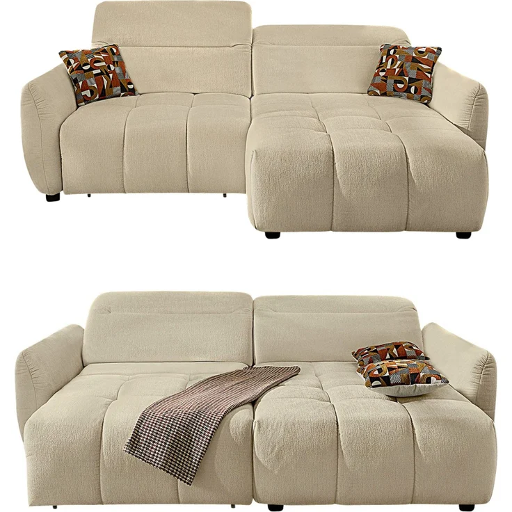 Ecksofa elektrisch USB-C Kopflehne verstellbar Schlafcouch Flachgewebe in Beige – Bild 1