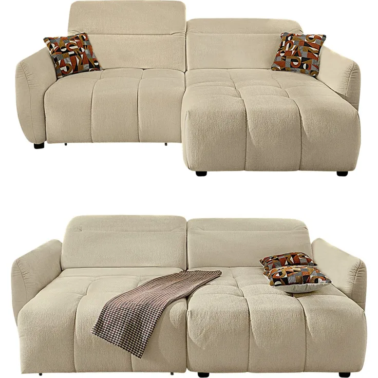Ecksofa elektrisch USB-C Kopflehne verstellbar Schlafcouch Flachgewebe in Beige