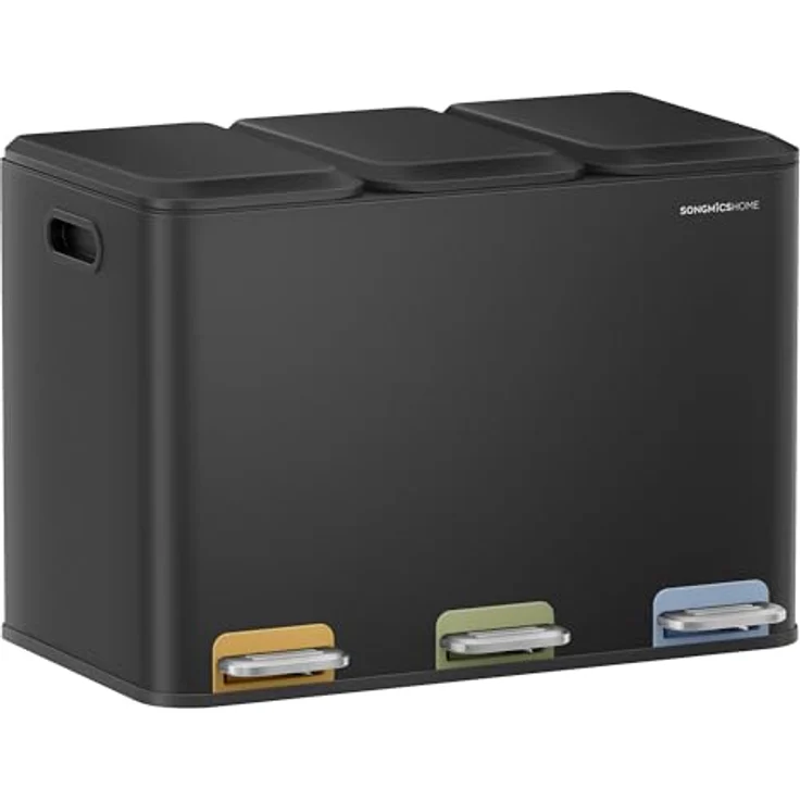 SONGMICS HOME Mülleimer Küche, 3x15 L Fächer, Abfalleimer mit farbcodierbaren Pedalen, Mülltrennsystem, mit Deckeln und Inneneimern, Stahl, tintenschwarz LTB740B02V1 – Bild 2
