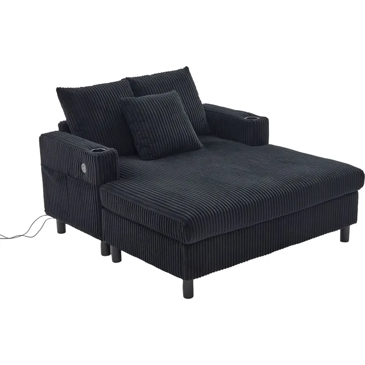 LVHOM Schlafsofa mit LED & USB, Cordstoff Palmensessel, Loungesofa mit Seitentaschen & Getränkehalter, 350kg Tragkraft, 128x85x142 cm, Schwarz
