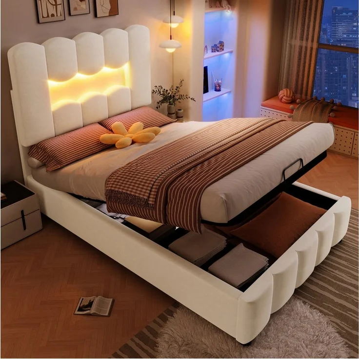 MODFU Polsterbett mit LED-Licht (Kinderbett mit hydraulischem Bettkasten & verstellbarem Kopfteil, Einzelbett, Samt 90x200 cm), Inklusive Matratze – Bild 5