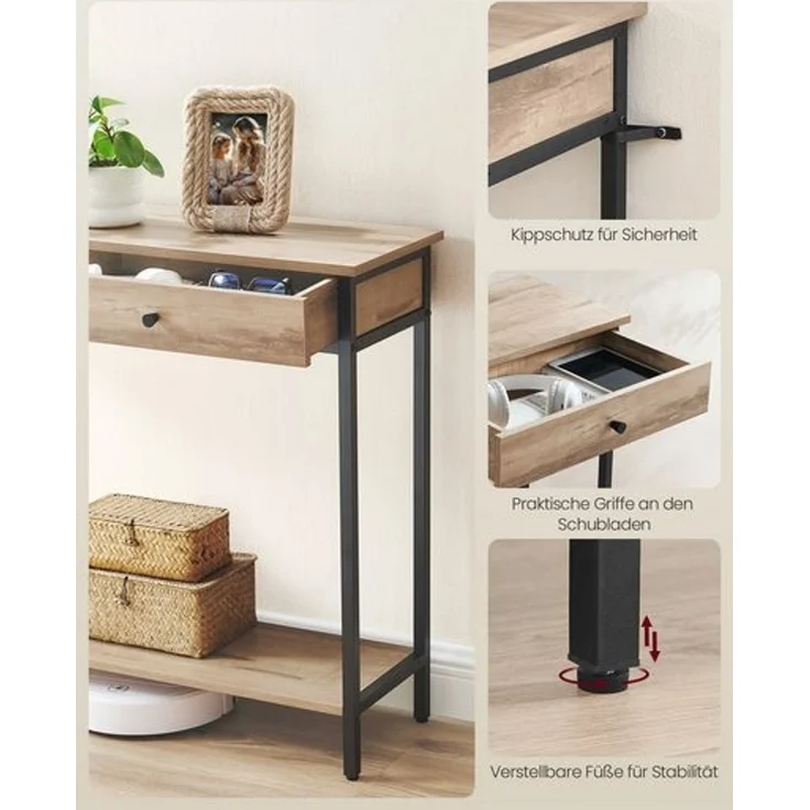 Vasagle Konsolentisch, Flurtisch, Beistelltisch, Sofatisch mit 2 Schubladen, Stahlgestell, Flur, Wohnzimmer, Industrie-Design, kamelbraun-tintenschwarz LNTDE015W01 Konsole – Bild 4
