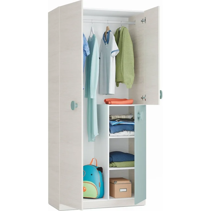 Dreitüriger Kleiderschrank mit Kleiderstange und drei Innenböden, Farbe weiß mit heller Holzoptik mit wassergrünem Türdetail, 90 x 200 x 52 cm. – Bild 5