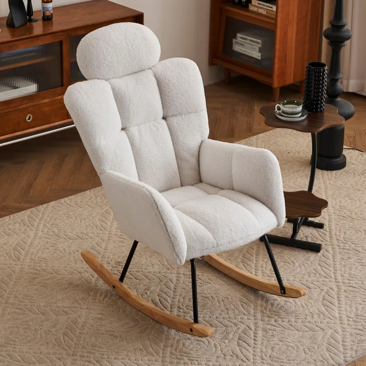 Teddy-Schaukelstuhl mit Kopfstütze, ergonomisch, leise & stabil, Holzrahmen mit Metallbasis, ideal für Wohnzimmer