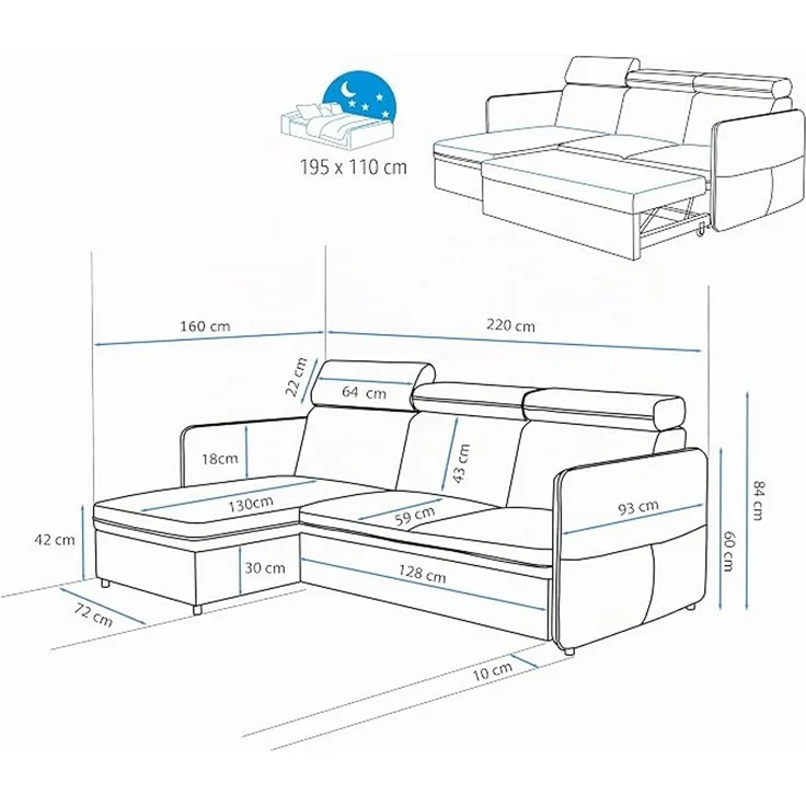 Ecksofa (mit Schlaffunktion und Bettkasten), 220 x 160 cm, mit komfortabler Sitzfläche und verstellbaren Kopfstützen – Bild 3