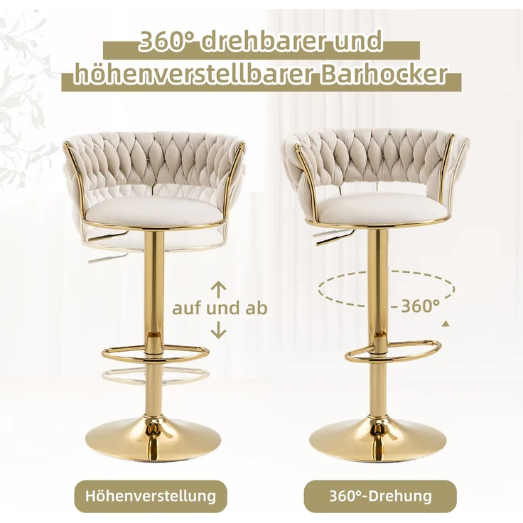 old sku:W1880109463,Samt 360° drehbarer Barhocker 2-teiliges Set, Handgefertigte Rückenlehne Ein-Knopf verstellbarer Höhe Barhocker, Sehr weicher gepolsterter Küche Esszimmerstuhl, Kücheninsel--Elfenbein--54x46x78cm--YOUDENOVA – Bild 3