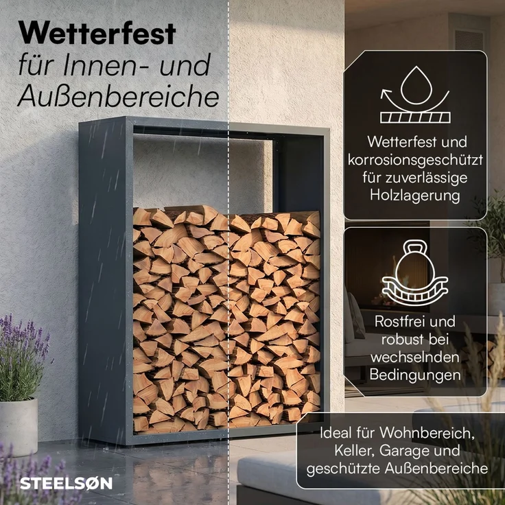 STEELSØN ‚Keid’ Kaminholzregal 150x120x42,5 cm, Brennholz Regal für innen/außen, rostfrei & wetterfest, stabil aus Metall, anthrazit – Bild 7