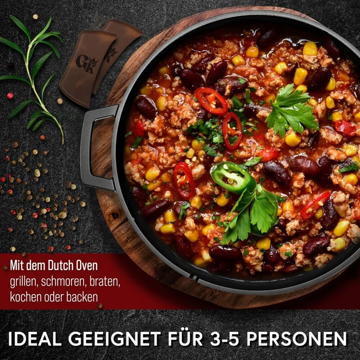 Dutch Oven Set 2in1 5 l aus Gusseisen – mit Ledergriffen, Ringreiniger & Untersetzer, für Grill, Lagerfeuer, Herd & Backofen – Bild 5