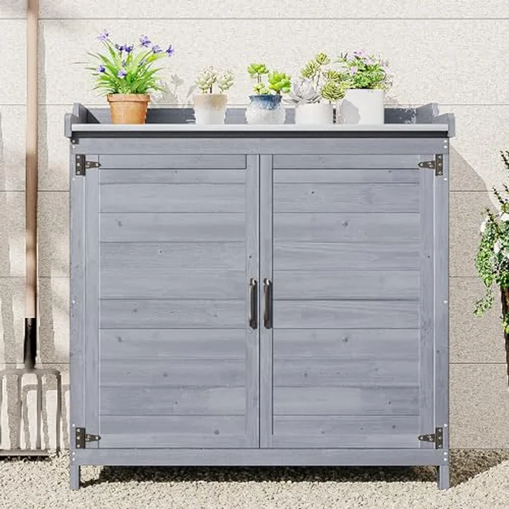 Bealife Pflanztisch mit Unterschrank, Gartenschrank mit Arbeitsplatte mit 1 Bewegbarer Einlegeboden für den Innen- und Außenbereich (Grau, 48T x 98B x 95H) – Bild 3