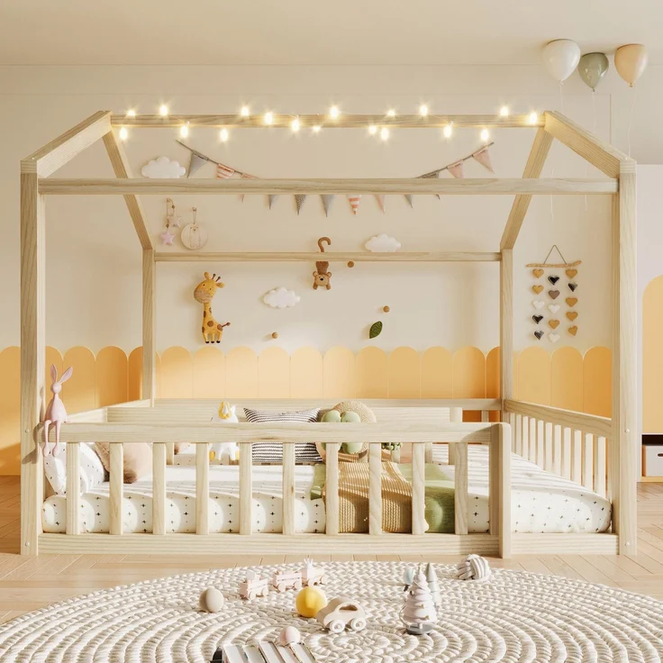 Hausbett mit LED Kugel-Lichterkette, 90x190cm*2/180x190cm, Kinderbett mit Rausfallschutz und Lattenrost, Kiefer – Bild 2