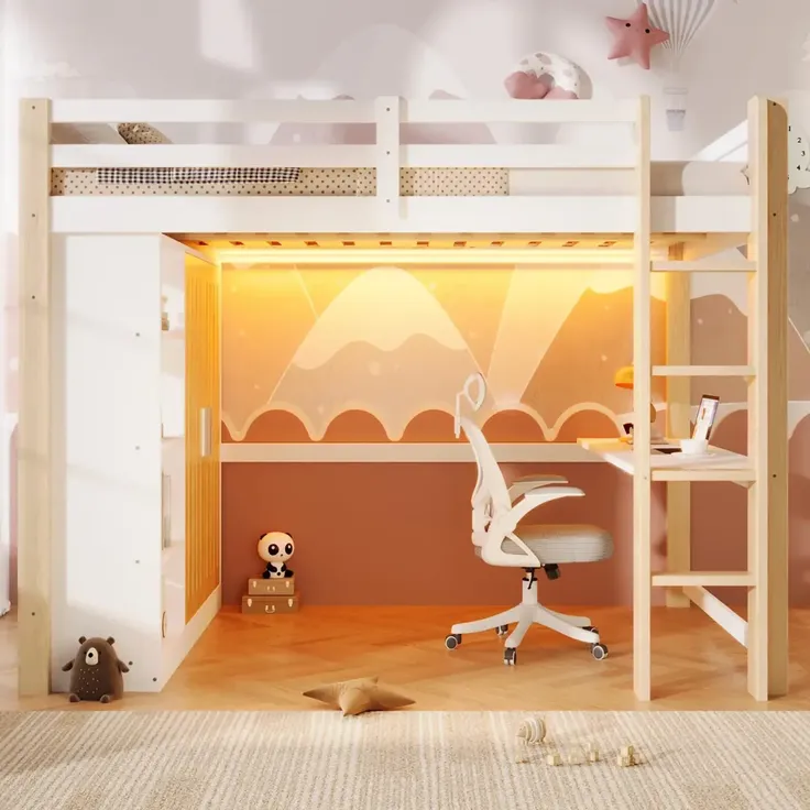 Hochbett mit RGB LED-Streifen, Schreibtisch, Lattenrost, Kleiderschrank, Trittleiter, Regal und Rausfallschutz, 140x200 cm, Kinderbett, Kiefer – Bild 2