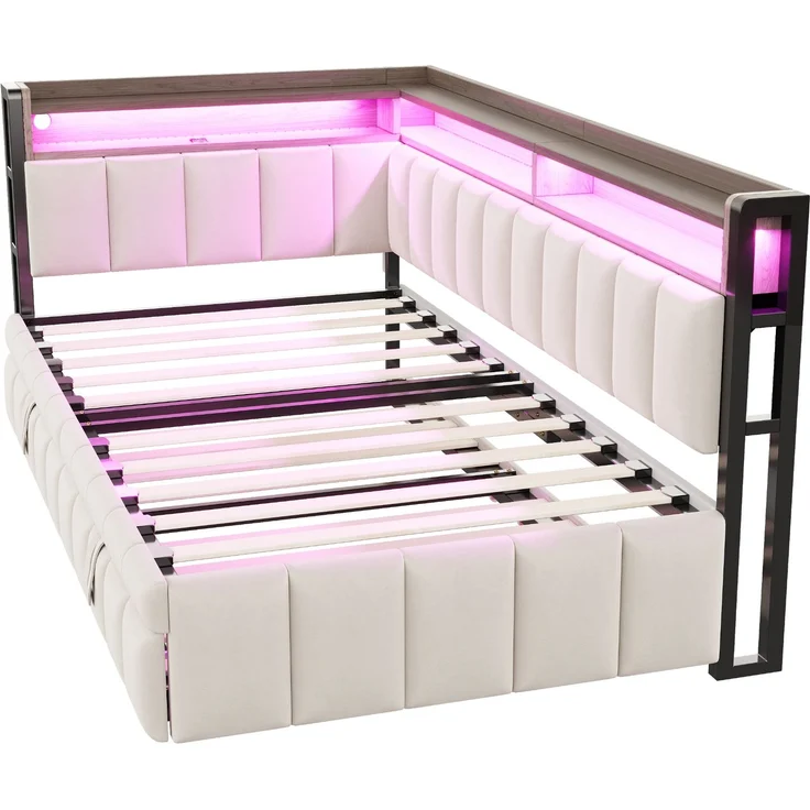 Merax Einzelbett, 90x200cm Polsterbett, Schlafsofa, mit Ausziehbett, LED-Beleuchtung und Ablagefächern am Kopf- und Fußende, Ausgestattet mit USB- und Typ-C-Anschlüssen, Samtstoff Beige – Bild 8