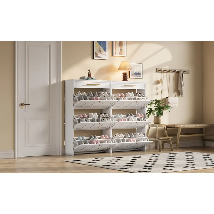 ZUBALIYA Schuhschrank (140 x 25 x 123,5 cm), 2 Schubladen, Verstellbare Einlegeböden, Stauraum für Flur und Eingangsbereich, Weiß – Bild 17