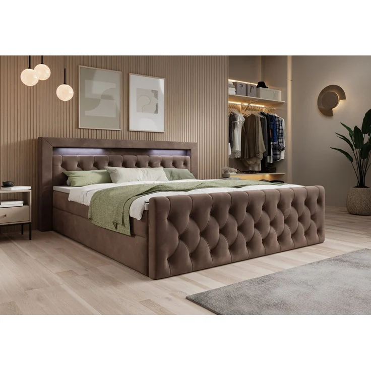 thematys Boxbett LED mit Bettkasten 200x200cm, mit Bonnellfederkernmatratze H3, Bouclé/Velours, mit Stauraum, mit 3 cm Topper, Taupe (Velutto 29), Art.-Nr. S04JN0YR5DJ – Bild 1