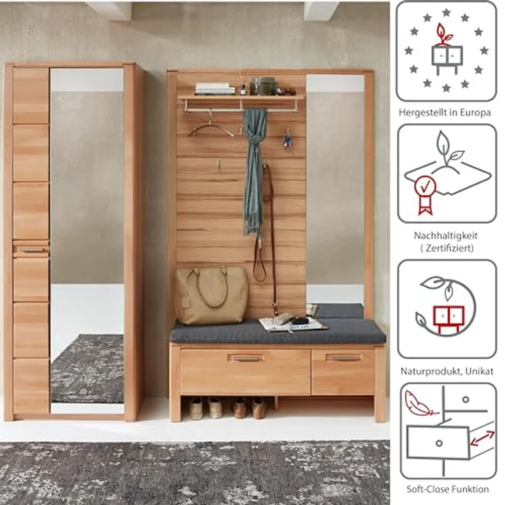 Stella Trading Nature ONE Flurgarderoben Set in Kernbuche Teil-massiv FSC-Zertifiziert - Modernes Garderobenset 3-teilig für Ihren Eingangsbereich - 209 x 201 x 40 cm (B/H/T) – Bild 5